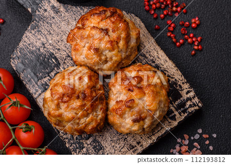 Delicious fresh fried minced fish cutlets with spices and herbs Delicious fresh fried minced fish cutlets with spices and herbs 112193812