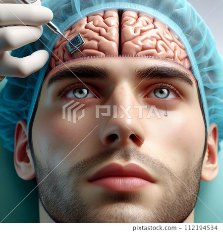 AI-generated content. A photo of a persons head with an open brain. A surgeons hand with a tool is AI-generated content. A photo of a persons head with an open brain. A surgeons hand with a tool is 112194534