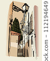 Traditional street in Alfama, Lisbon, Portugal - vector illustration 112194649