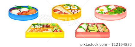 Bento Box as Japanese Container with Cooked Lunch Vector Set Bento Box as Japanese Container with Cooked Lunch Vector Set 112194883