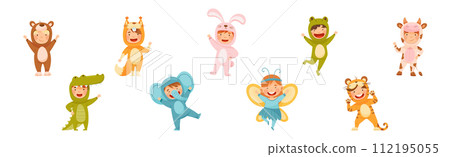 Little Boy and Girl Wearing Animal Costumes Waving Hand and Having Fun Vector Set Little Boy and Girl Wearing Animal Costumes Waving Hand and Having Fun Vector Set 112195055