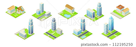 City Building and Urban Construction on Square Grass Vector Set 112195250