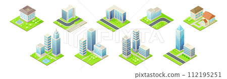 City Building and Urban Construction on Square Grass Vector Set 112195251