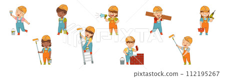 Kids Builder Character Wearing Uniform and Hardhat with Professional Tool Vector Set 112195267
