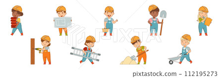 Kids Builder Character Wearing Uniform and Hardhat with Professional Tool Vector Set 112195273