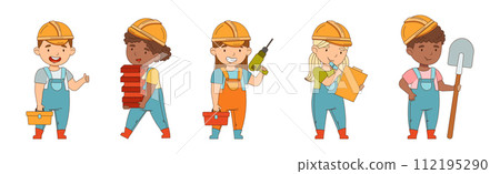 Kids Builder Character Wearing Uniform and Hardhat with Professional Tool Vector Set 112195290