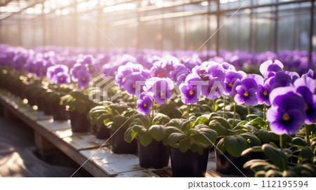 Flowers Violets in a greenhouse, modern business and private entrepreneurship, a gift for a holiday. sun 112195594