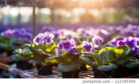Flowers Violets in a greenhouse, modern business and private entrepreneurship, a gift for a holiday. Purple 112195595