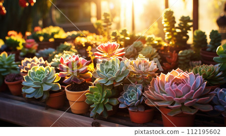 Succulents in a greenhouse, modern business and private entrepreneurship, a gift for a holiday. sun 112195602