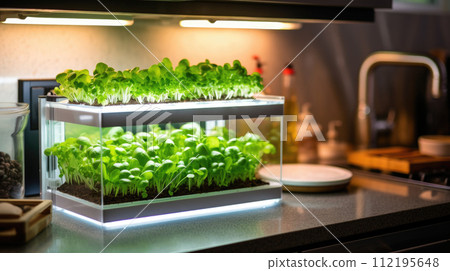 Greens grow in hydroponics, modern technology. Sprouts Greens grow in hydroponics, modern technology. Sprouts 112195648