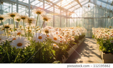 Flowers daisies in a greenhouse, modern business and private entrepreneurship, a gift for a holiday. sun Flowers daisies in a greenhouse, modern business and private entrepreneurship, a gift for a holiday. sun 112195662