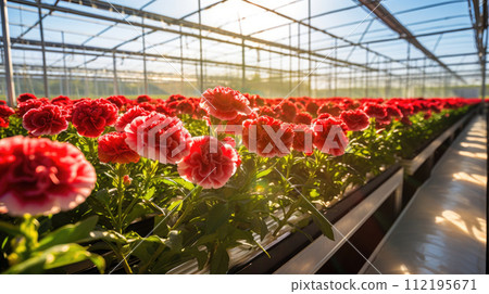 Flowers carnations in a greenhouse, modern business and private entrepreneurship, a gift for a holiday. leaves 112195671