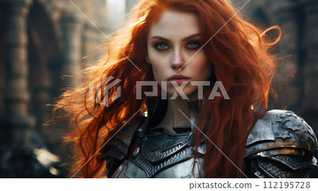 Illustration of fantasy character, ideal for novel book cover. Redhead Female Warrior armour 112195728