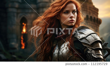 Illustration of fantasy character, ideal for novel book cover. Redhead Female Warrior castle 112195729