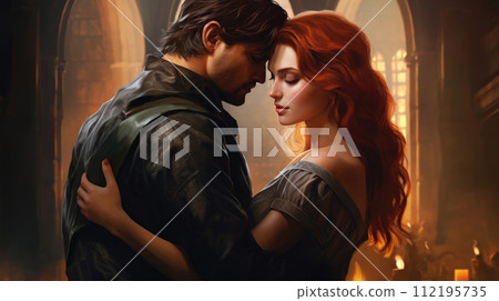 Illustration of fantasy character, ideal for novel book cover. Redhead Woman and Man Love castle 112195735