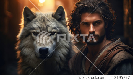 Illustration of fantasy character, ideal for novel book cover. man, wolf, werewolf forest 112195737