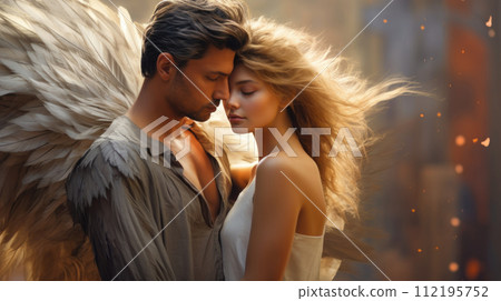 Illustration of fantasy character, ideal for novel book cover. woman, man, hugging wings, angel Illustration of fantasy character, ideal for novel book cover. woman, man, hugging wings, angel 112195752