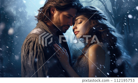 Illustration of fantasy character, ideal for novel book cover. woman, man, hugging snow, winter Illustration of fantasy character, ideal for novel book cover. woman, man, hugging snow, winter 112195753
