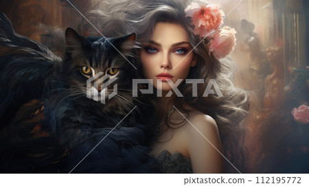 Illustration of fantasy character, ideal for novel book cover. Cat, Woman 112195772