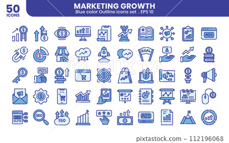 Marketing growth blue colored outline icons set Marketing growth blue colored outline icons set 112196068