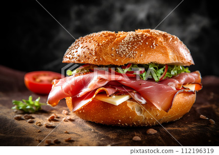 Freshly made ham sandwich with lettuce and cheese Freshly made ham sandwich with lettuce and cheese 112196319