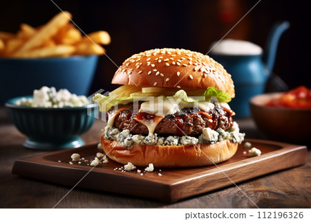 Double cheeseburger with lettuce blue cheese and tomatoes on a wooden board. 112196326