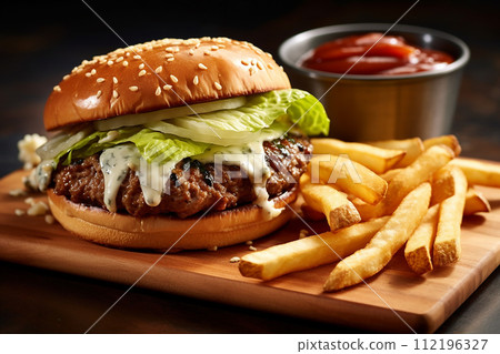 Double cheeseburger with lettuce blue cheese and tomatoes on a wooden board. 112196327