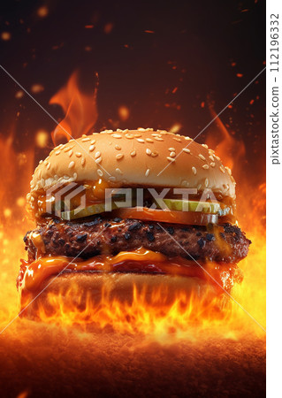 Juicy cheeseburger with fresh lettuce, tomato, and cheese on a toasted bun. 112196332