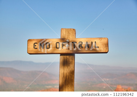 End of Trail Sign with Desert Landscape and Clear Sky, Sedona 112196342