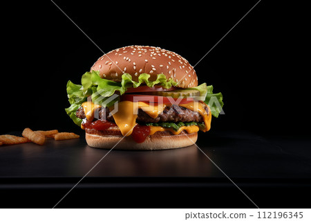 Juicy cheeseburger with fresh lettuce, tomato, and cheese on a toasted bun. 112196345