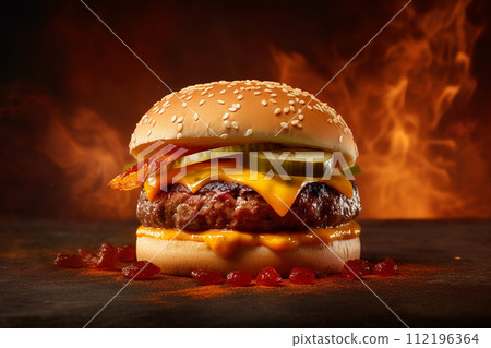 Juicy cheeseburger with fresh lettuce, tomato, and cheese on a toasted bun. 112196364