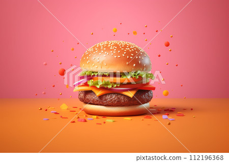 Juicy cheeseburger with fresh lettuce, tomato, and cheese on a toasted bun. 112196368
