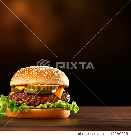 Juicy cheeseburger with fresh lettuce, tomato, and cheese on a toasted bun. 112196369