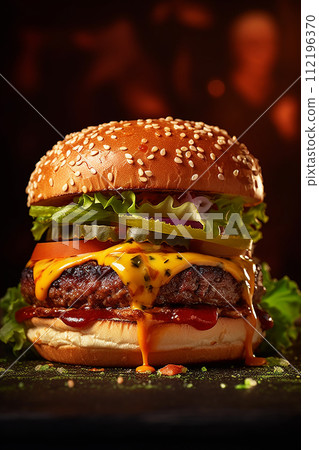 Juicy cheeseburger with fresh lettuce, tomato, and cheese on a toasted bun. 112196370