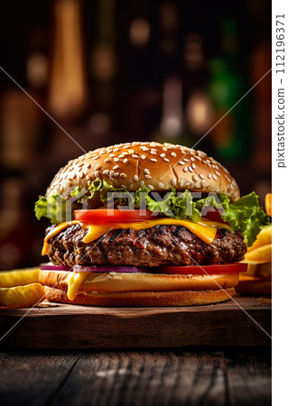 Juicy cheeseburger with fresh lettuce, tomato, and cheese on a toasted bun. Juicy cheeseburger with fresh lettuce, tomato, and cheese on a toasted bun. 112196371