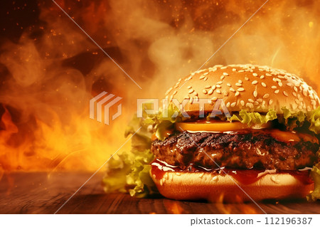 Juicy cheeseburger with fresh lettuce, tomato, and cheese on a toasted bun. 112196387
