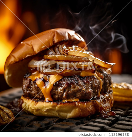 Juicy cheeseburger with fresh lettuce, tomato, and cheese on a toasted bun. Juicy cheeseburger with fresh lettuce, tomato, and cheese on a toasted bun. 112196388