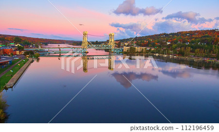 Aerial Golden Hour Lift Bridge Reflections in Houghton 112196459