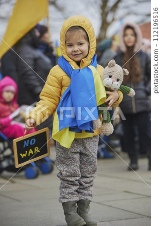 child at action in support of Ukraine in Denmark 112196516