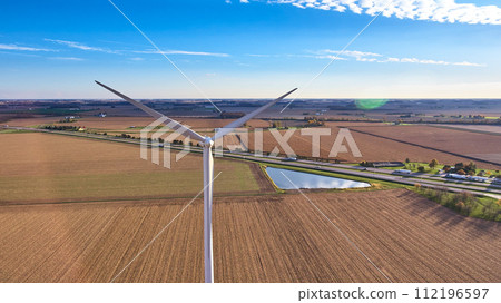 Aerial View of Wind Turbine in Agricultural Landscape, Ohio 112196597