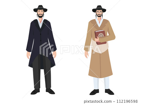 Two Orthodox Jewish men, adorned in traditional attire, stand solemnly, one holding the sacred Torah. Vector illustration.  112196598