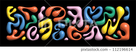 Liquid 3D abstract organic blob shapes. Wavy elements bubbles and drops in trendy y2k style. Childish colorful vector illustrations isolated on black background. Liquid 3D abstract organic blob shapes. Wavy elements bubbles and drops in trendy y2k style. Childish colorful vector illustrations isolated on black background. 112196614