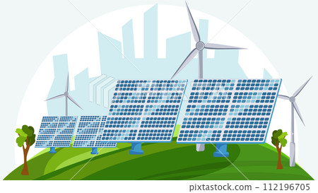 Solar Panels, Wind Turbines against a backdrop of green meadows and city silhouette. Renewable energy, green energy, ecology, nature and technology concepts. Vector illustration.  112196705