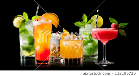 Set and collection of classic alcohol cocktails or mocktail isolated on white background with fresh summer fruits Set and collection of classic alcohol cocktails or mocktail isolated on white background with fresh summer fruits 112196720