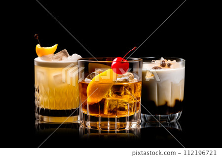 Set and collection of classic alcohol cocktails or mocktail isolated on white background with fresh summer fruits 112196721