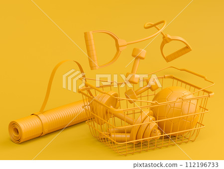 Sport equipment for fitness, gym in shopping basket on monochrome Sport equipment for fitness, gym in shopping basket on monochrome 112196733