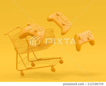 Set of gamer joysticks or gamepads in shopping carts on monochrome background Set of gamer joysticks or gamepads in shopping carts on monochrome background 112196734