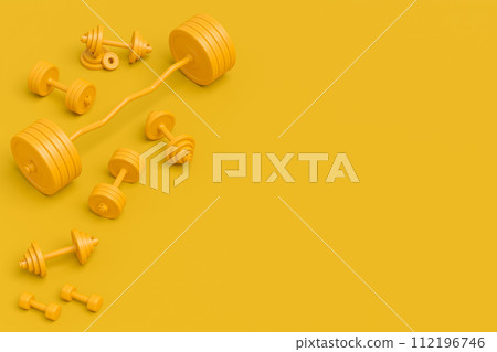 Isometric view of sport equipment like kettlebell, fitness ball and yoga mat Isometric view of sport equipment like kettlebell, fitness ball and yoga mat 112196746