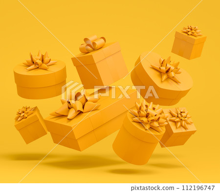 Gift boxes with ribbon and bow for Christmas flying and falling on monochrome 112196747