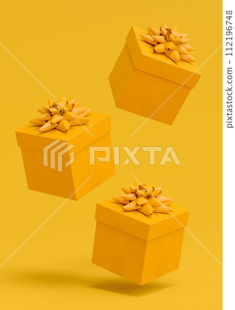 Gift boxes with ribbon and bow for Christmas flying and falling on monochrome Gift boxes with ribbon and bow for Christmas flying and falling on monochrome 112196748